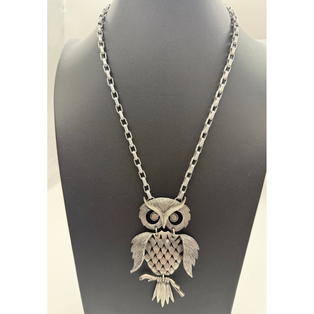 Vintage 70s Pewter Articulated Owl Pendant Chunky Necklace Large Statement Gift